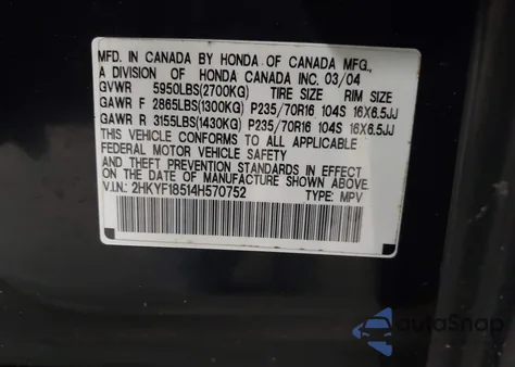 2004 Honda Pilot Exl z USA, uszkodzony, nr VIN 2HKYF18514H570752